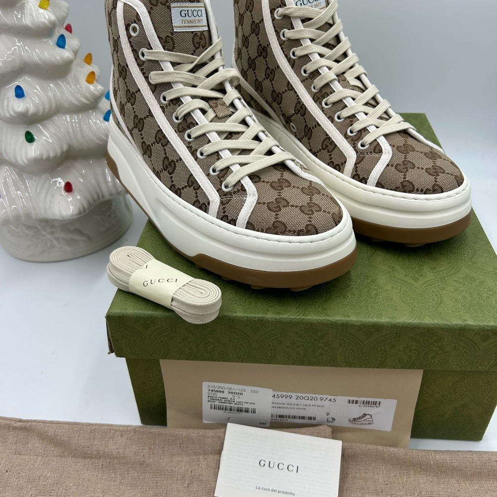 Men's Gucci  tennis 1977 high top canvas sneakers size 9, made in Italy - Picture 2 of 9